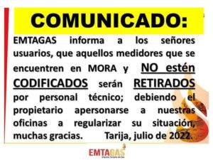 Emtagas advierte que medidores en mora y no codificados serán retirados
