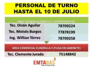 Emtagas da a conocer los números de contacto para cualquier emergencia hasta el 10 de julio