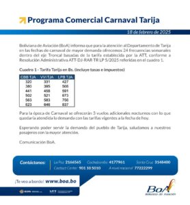BOA presenta programa comercial para el Carnaval de Tarija